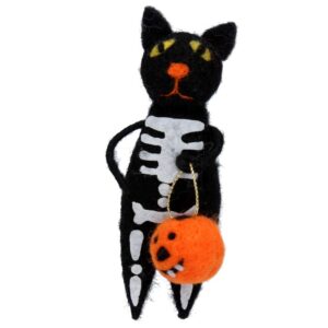 Skeleton Cat with Pumpkin